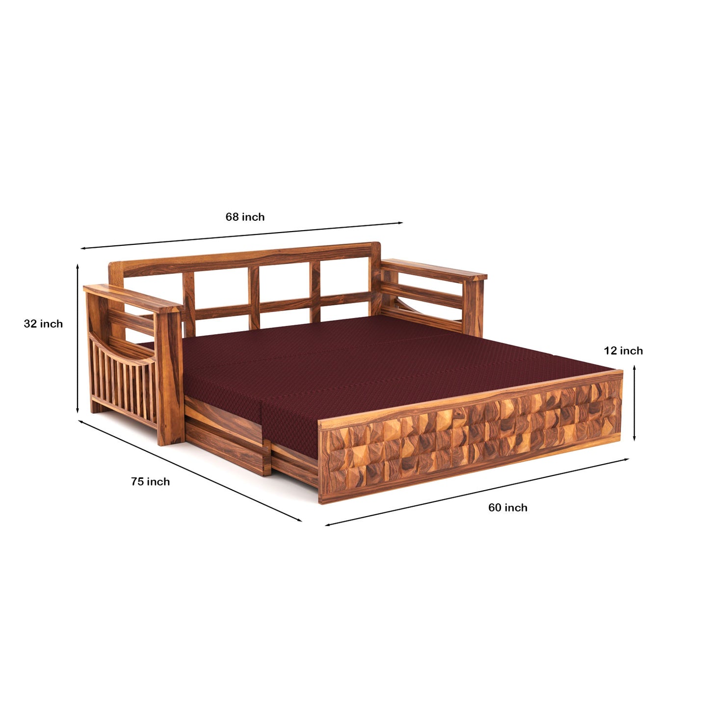 Orvan Solid Sheesham Wooden 3 Seater diamond Sofa Cum Bed (Walnut ,Finish )