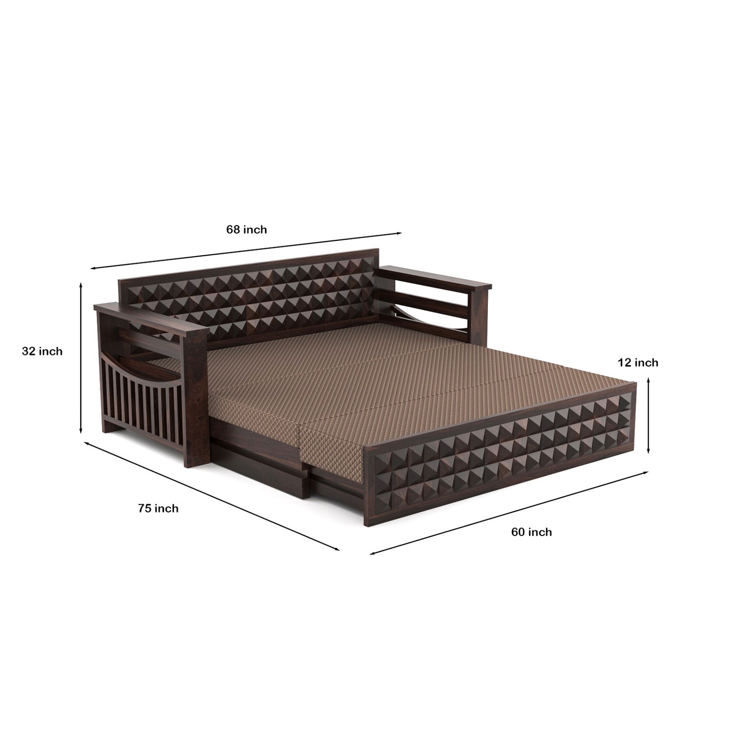 Orvan Solid Sheesham Wooden 3 Seater diamond Sofa Cum Bed (Walnut ,Finish )