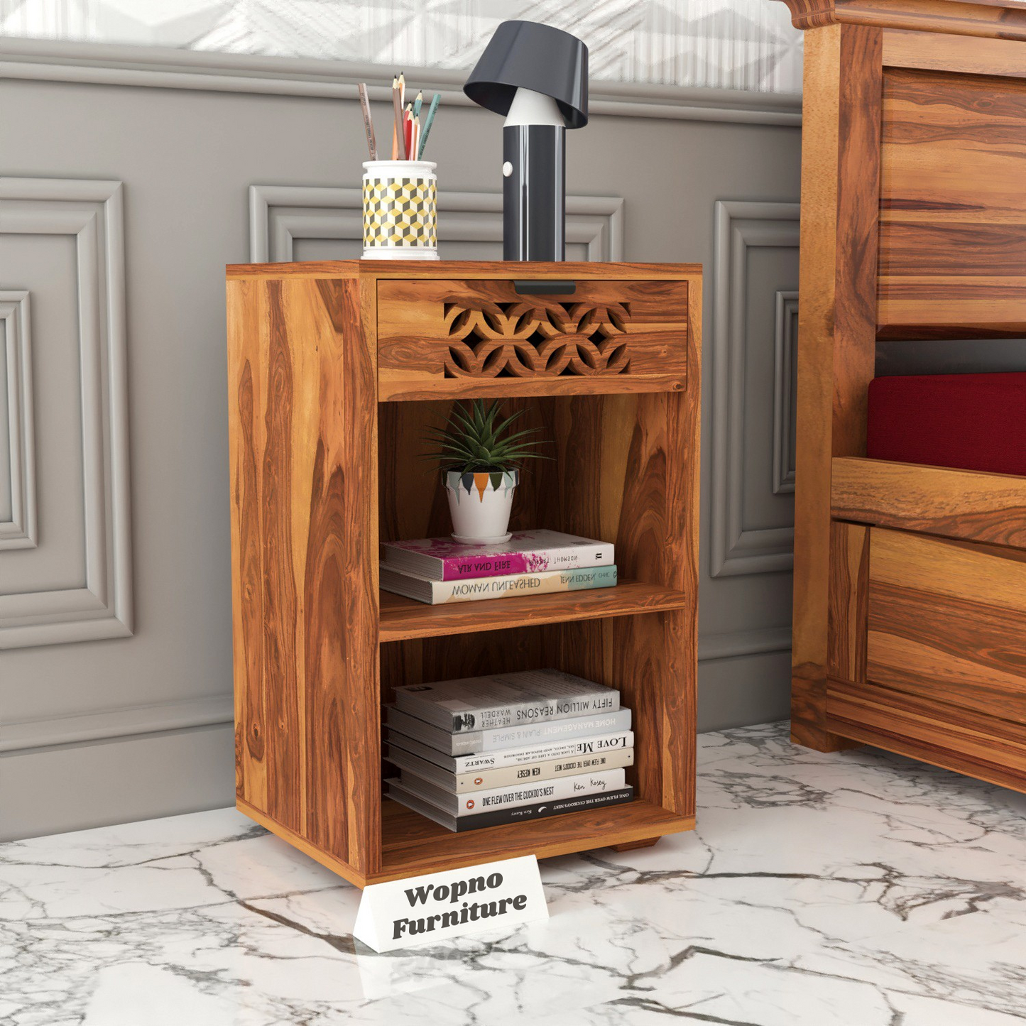 Lomricarionor Solid Sheesham Wood Bedside Table (Honey Finish)