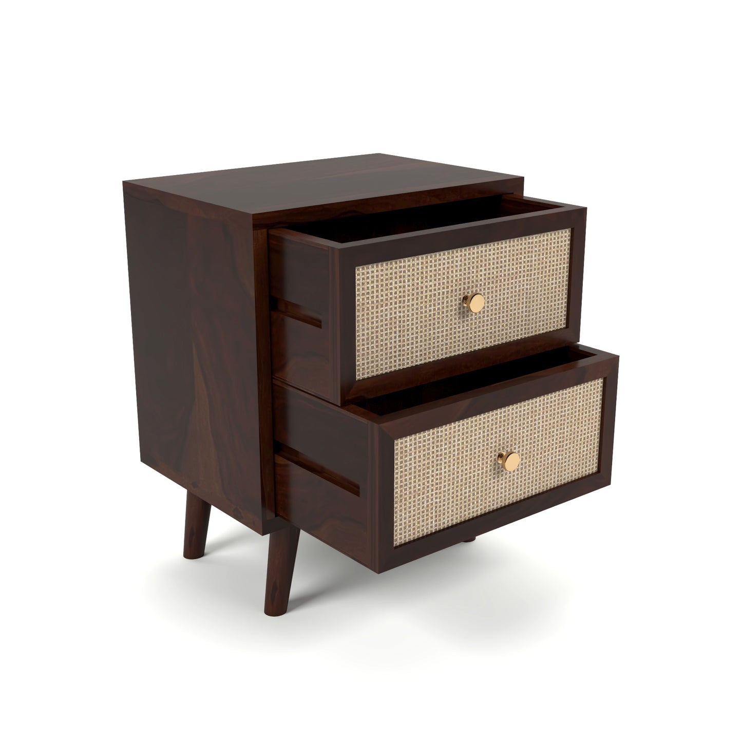 Rattan Cane Solid Sheesham Wood Bedside Table (Walnut Finish)