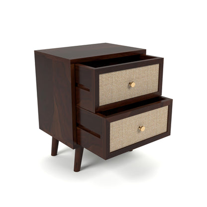 Rattan Cane Solid Sheesham Wood Bedside Table (Walnut Finish)