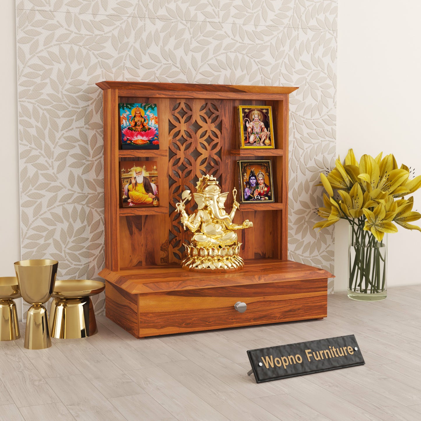 Eryos  Solid Sheesham Wooden Temple for Pooja Home (Honey Finish )