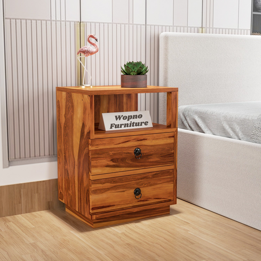 Zelvalion Solid Sheesham Wood Bedside Table (Honey Finish)