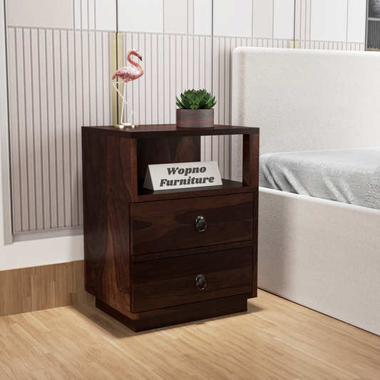 Zelvalion Solid Sheesham Wood Bedside Table (Walnut Finish)