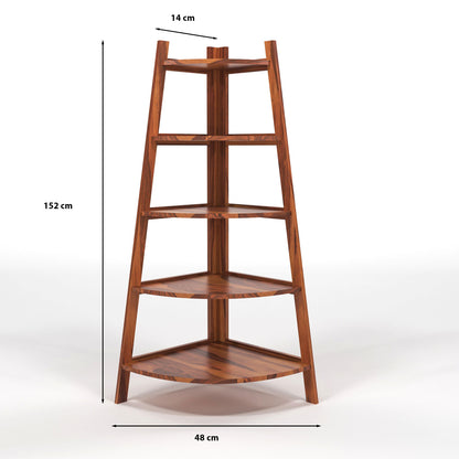 Zentor Solid Sheesham Wood 5 Tier Corner Ladder Shelf Floor Standing (Honey Finish))