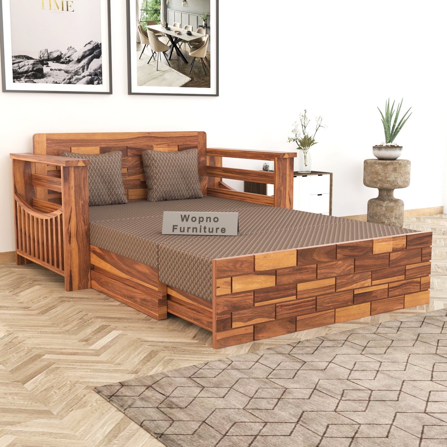 Bralor Solid Sheesham Wooden 2 Seater Sofa Cum Bed (Honey Finish)
