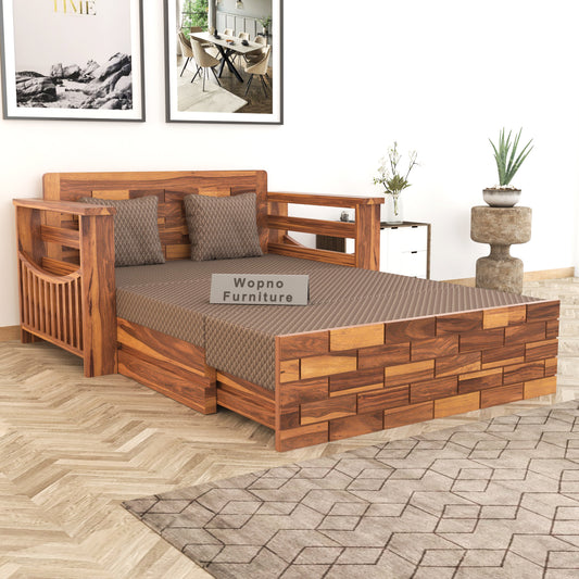 Bralor Solid Sheesham Wooden 2 Seater Sofa Cum Bed (Honey Finish)