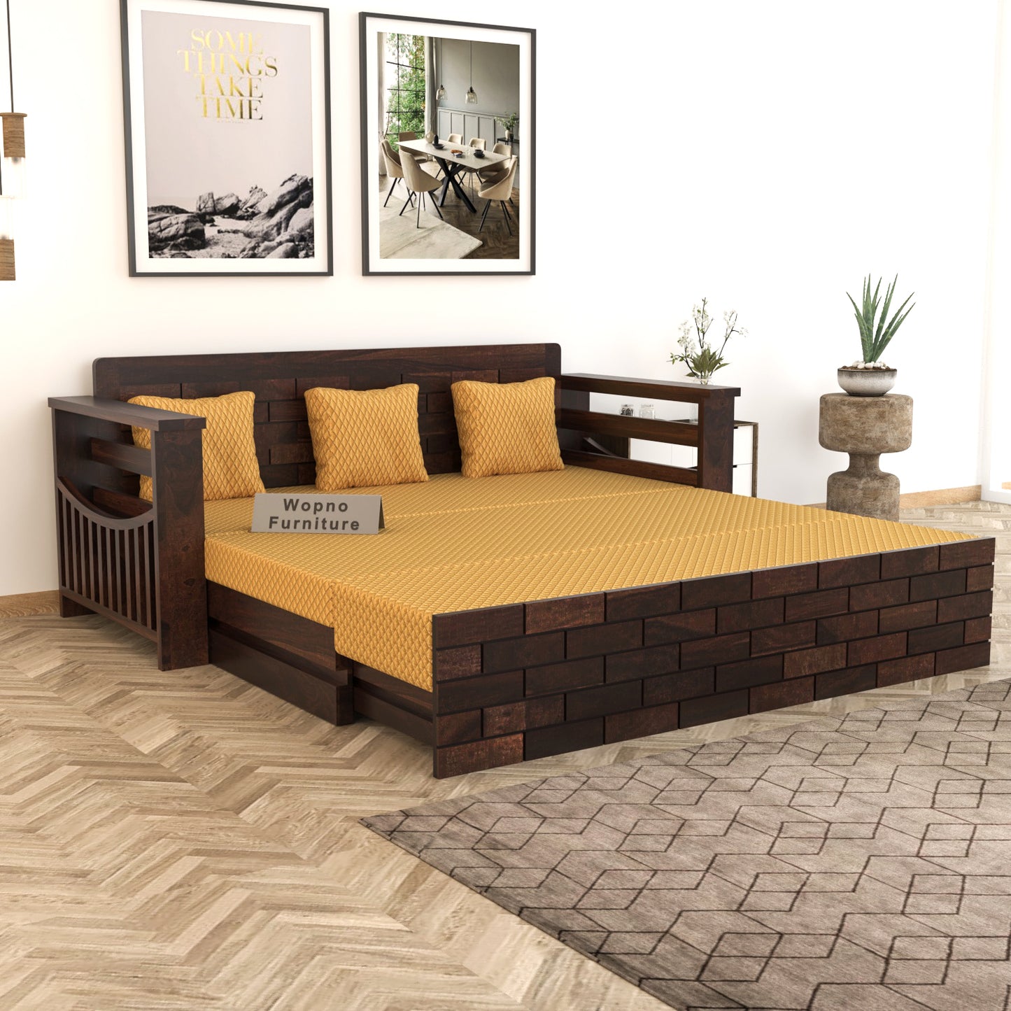 Zelric Solid Sheesham Wooden 3 Seater Sofa Cum Bed  (Walnut  Finish ) Cushion -color:(Beige)