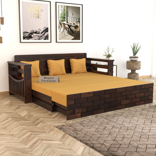 Zelric Solid Sheesham Wooden 3 Seater Sofa Cum Bed  (Walnut  Finish ) Cushion -color:(Beige)