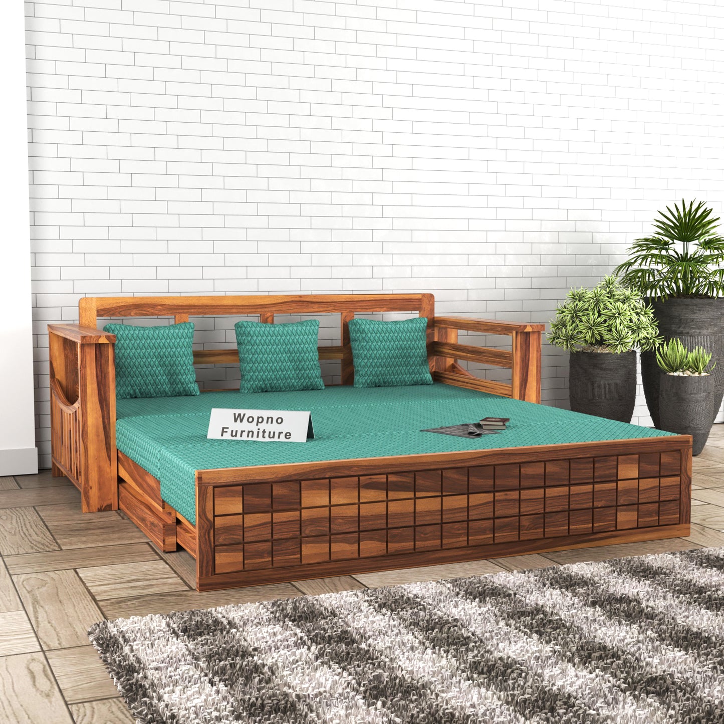 Fivrel Solid Sheesham Wooden 3 Seater Sofa Cum Bed (Honey Finish)