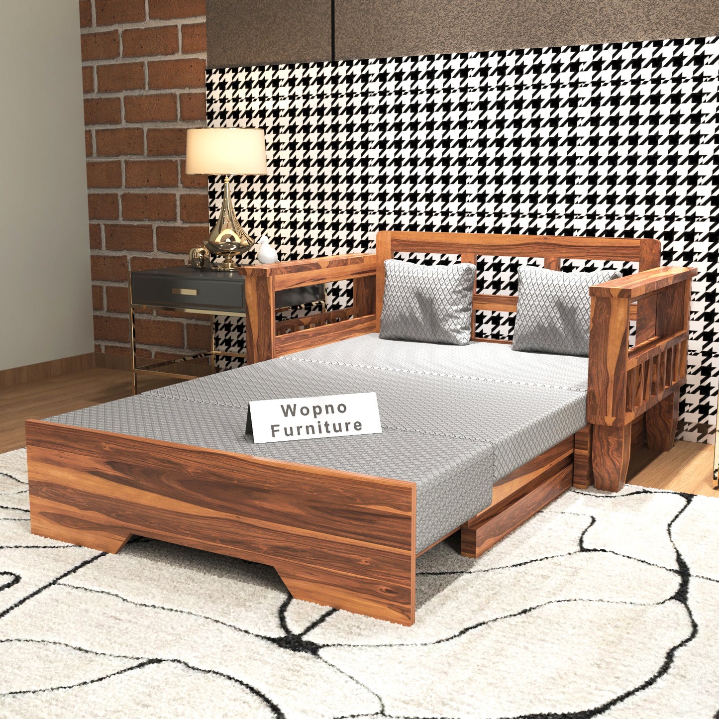 Bralor Solid Sheesham Wooden 2 Seater Sofa Cum Bed (Honey Finish)