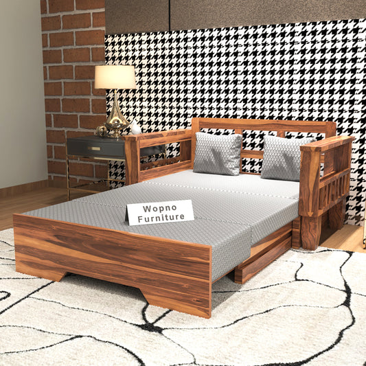Bralor Solid Sheesham Wooden 2 Seater Sofa Cum Bed (Honey Finish)