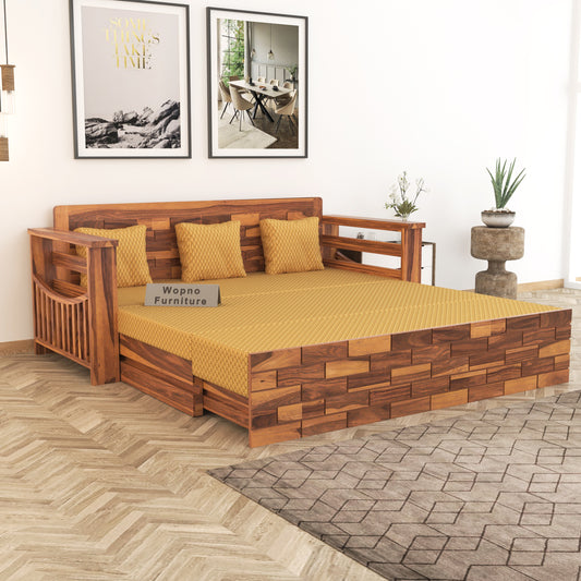 Zelric Solid Sheesham Wooden 3 Seater Sofa Cum Bed  (Honey Finish ) Cushion -color:(Beige)