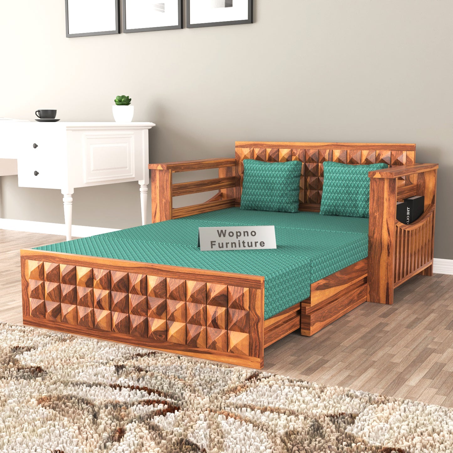 Orvan Solid Sheesham Wooden 2 Seater diamond Sofa Cum Bed (Honey ,Finish )