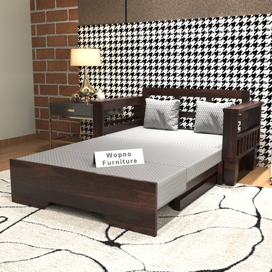 Bralor Solid Sheesham Wooden 2 Seater Sofa Cum Bed (Walnut Finish)