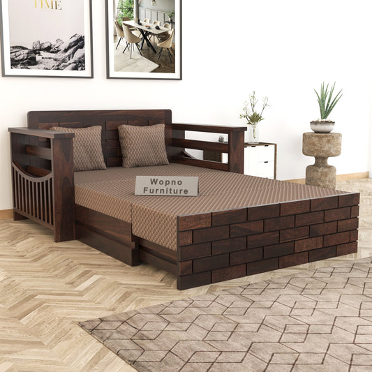 Bralor Solid Sheesham Wooden 2 Seater Sofa Cum Bed (Walnut Finish)