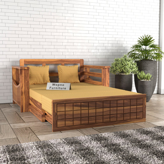 Fivrel Solid Sheesham Wooden 2 Seater Sofa Cum Bed (Honey Finish)