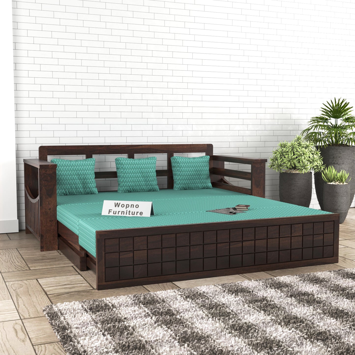 Fivrel Solid Sheesham Wooden 3 Seater Sofa Cum Bed (Walnut  Finish)