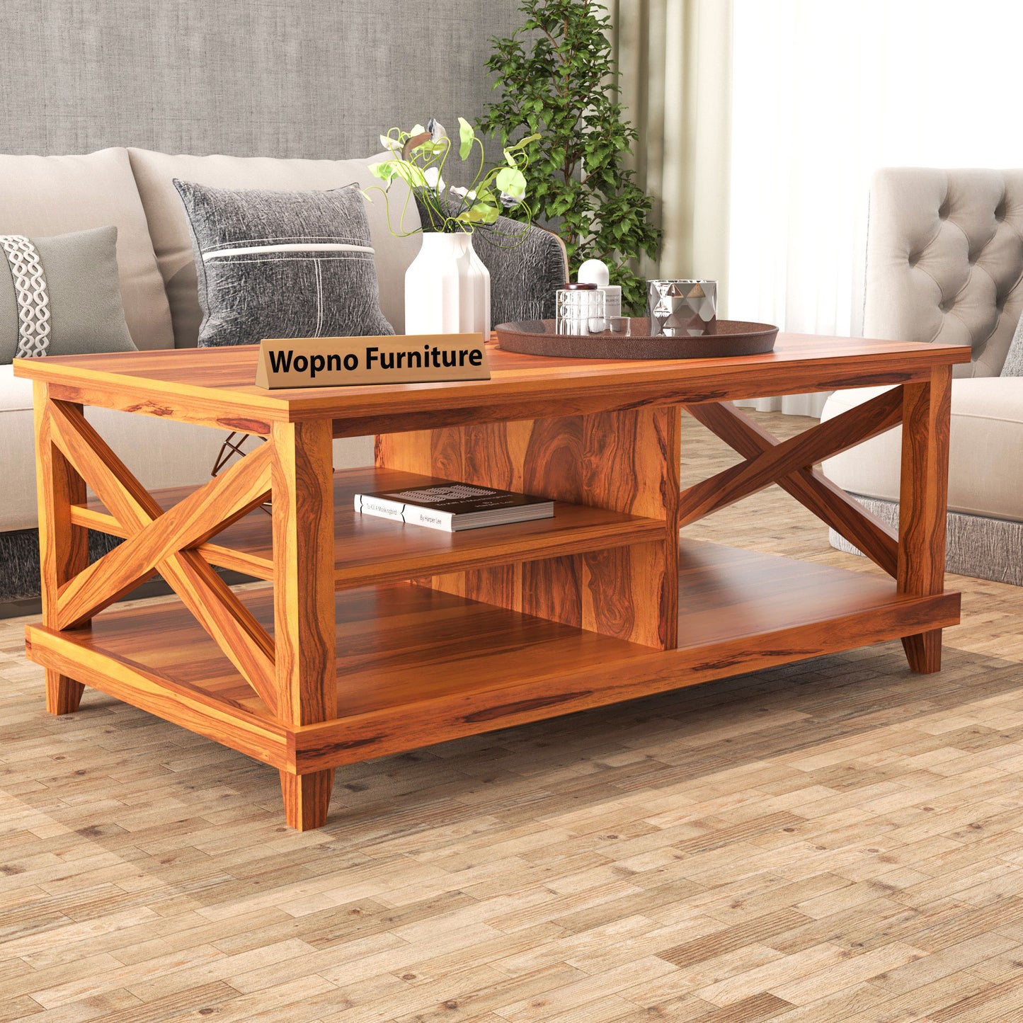 Kronel Solid Sheesham Wood Coffee Table (Honey Finish)