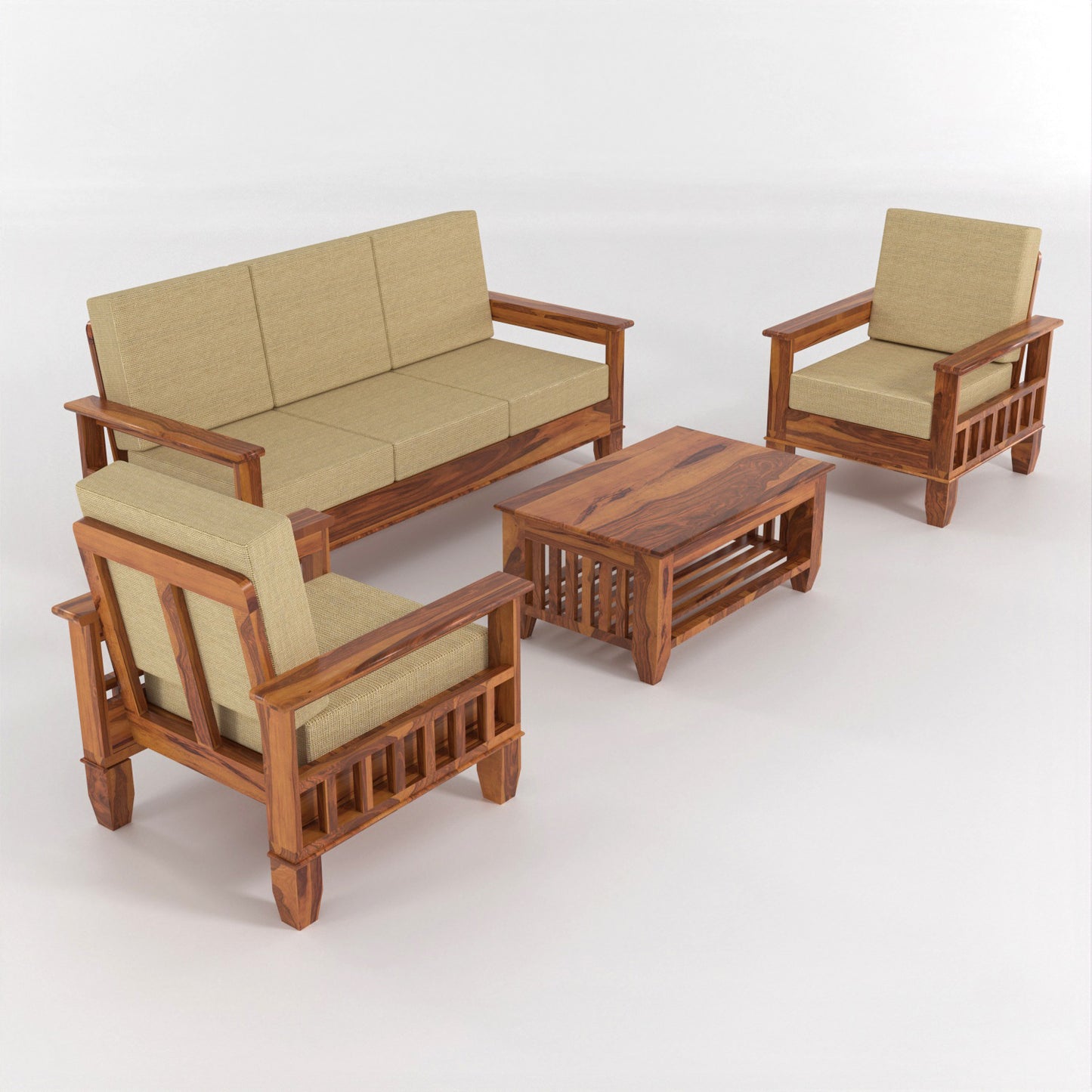 Trivralionel 5  Seater Solid Sheesham Wood Sofa Set 3+1+1 (Honey Finish)