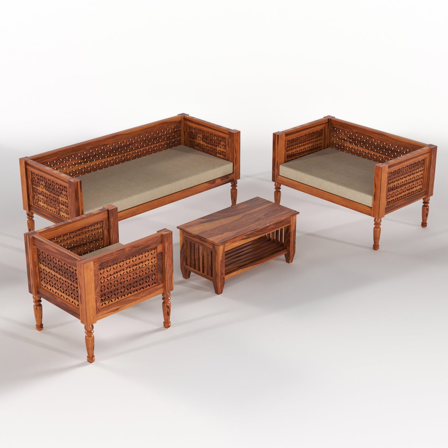 Ulnor   Solid Sheesham  Wooden 6 Seater Sofa Set (Honey Finish)