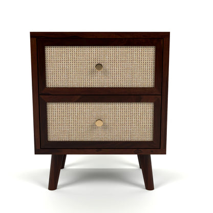 Rattan Cane Solid Sheesham Wood Bedside Table (Walnut Finish)