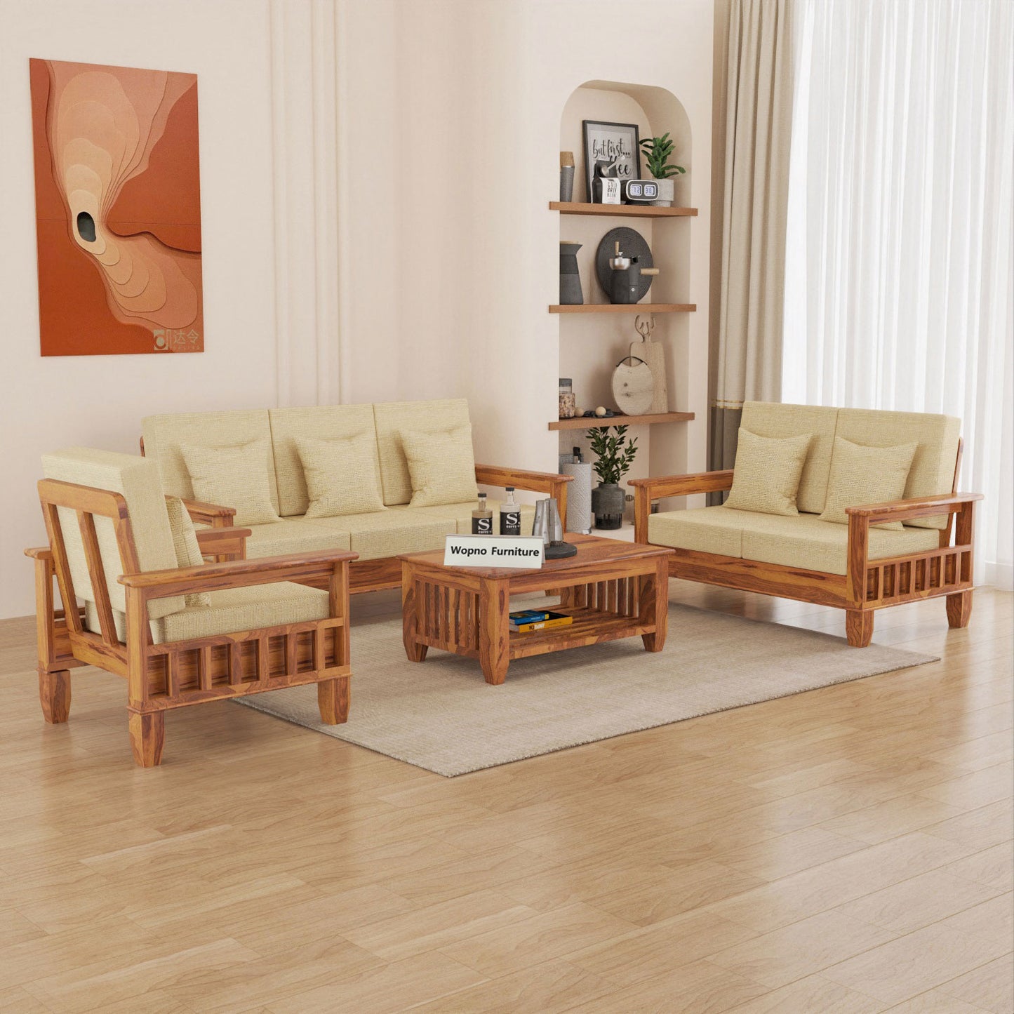 Trivralionel 6  Seater Solid Sheesham Wood Sofa Set 3+2+1 (Honey Finish)