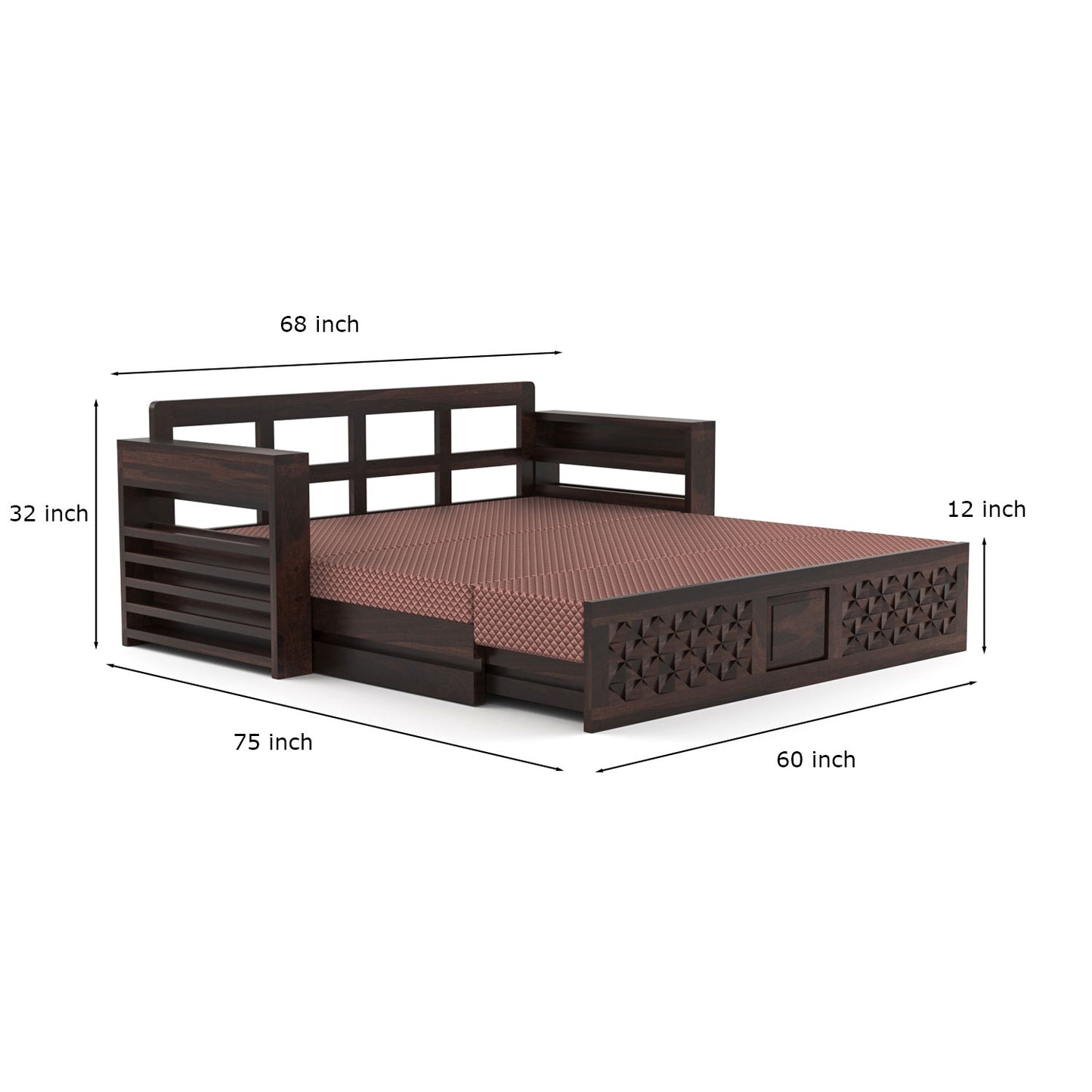 Orvan Solid  Sheesham Wooden 3 Seater diamond Sofa Cum Bed  (Walnut ,Finish )