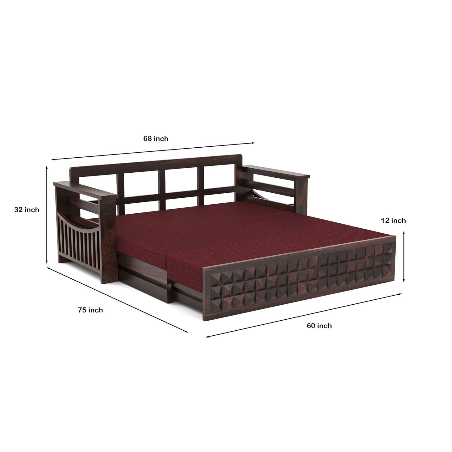 Orvan Solid  Sheesham Wooden 3 Seater diamond Sofa Cum Bed  (Walnut ,Finish )