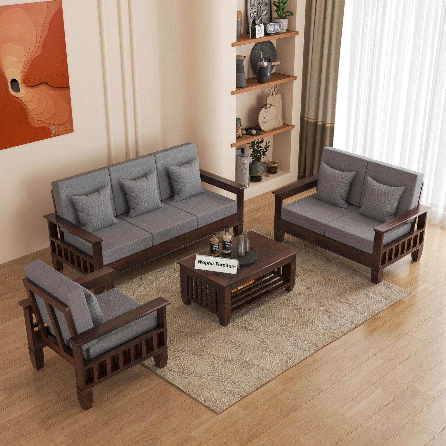 Trivralionel 6  Seater Solid Sheesham Wood Sofa Set 3+2+1 (Walnut Finish)