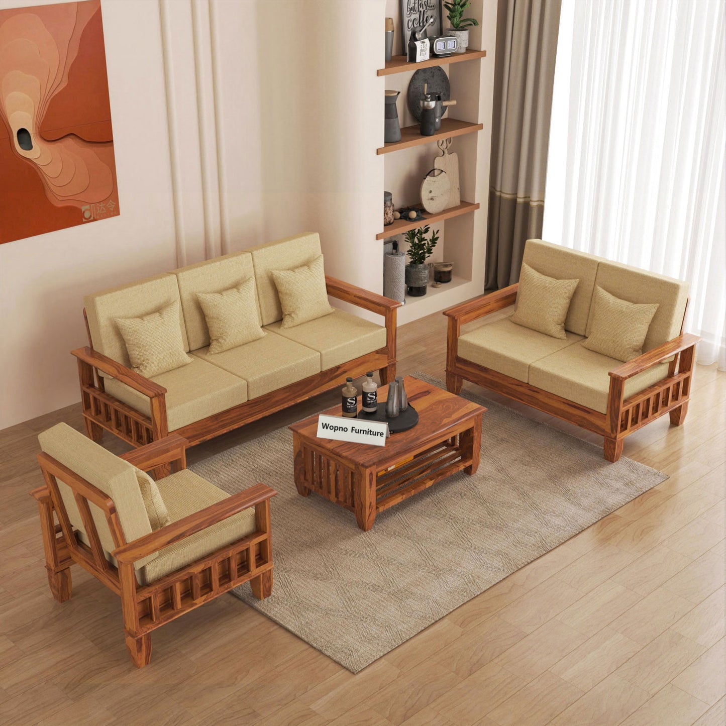 Trivralionel 6  Seater Solid Sheesham Wood Sofa Set 3+2+1 (Honey Finish)