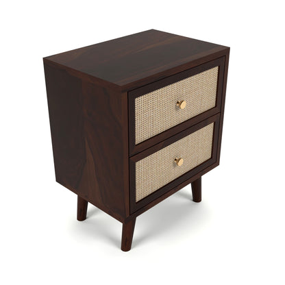 Rattan Cane Solid Sheesham Wood Bedside Table (Walnut Finish)