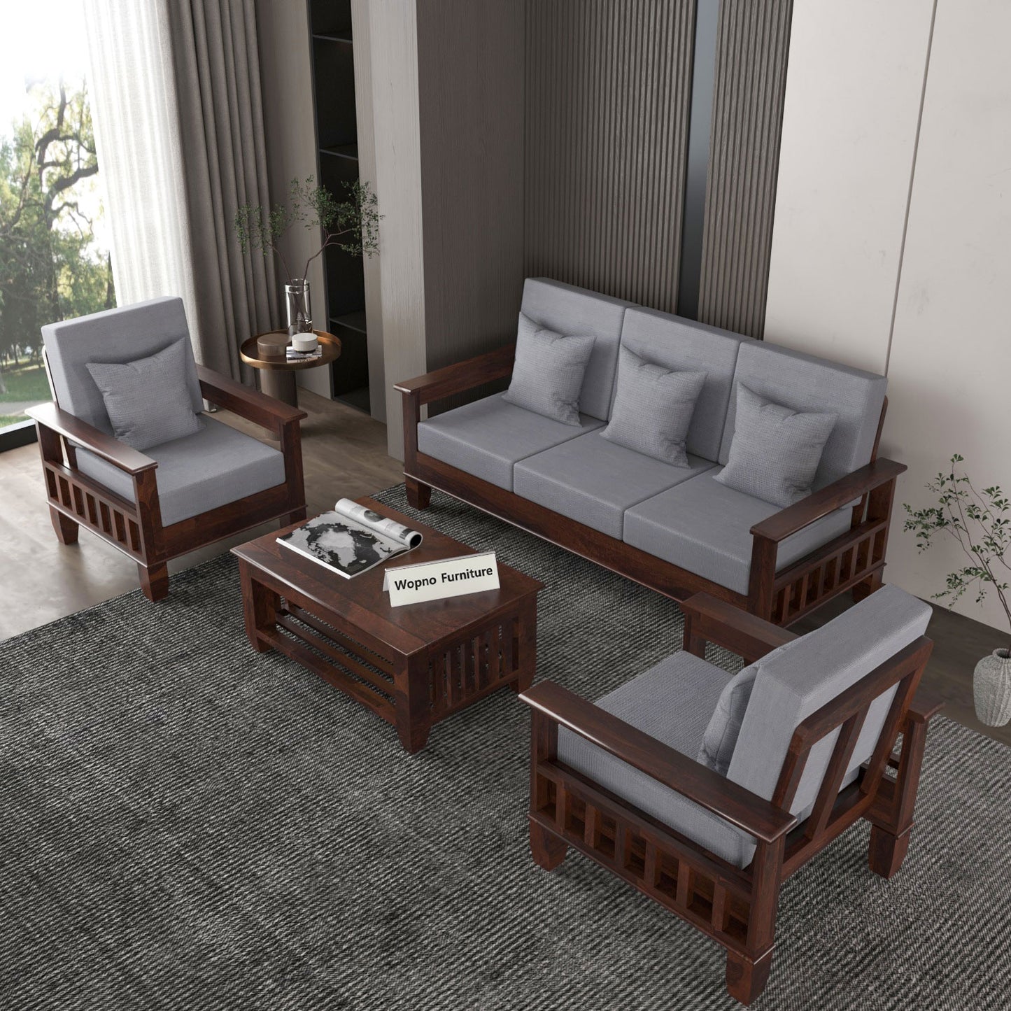 Trivralionel 5  Seater Solid Sheesham Wood Sofa Set 3+1+1 (Walnut Finish)