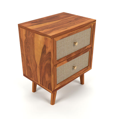 Rattan Cane Solid Sheesham Wood Bedside Table (Natural Finish)
