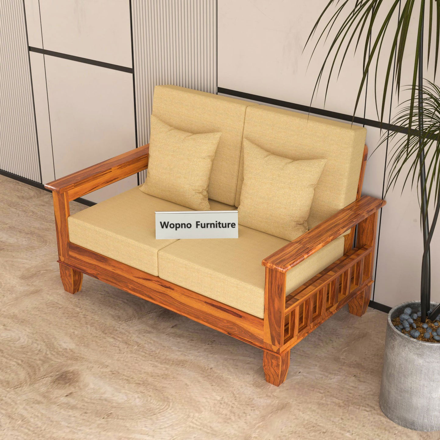 Trivralionel 2 Seater Solid Sheesham Wood Sofa Set (Honey Finish)