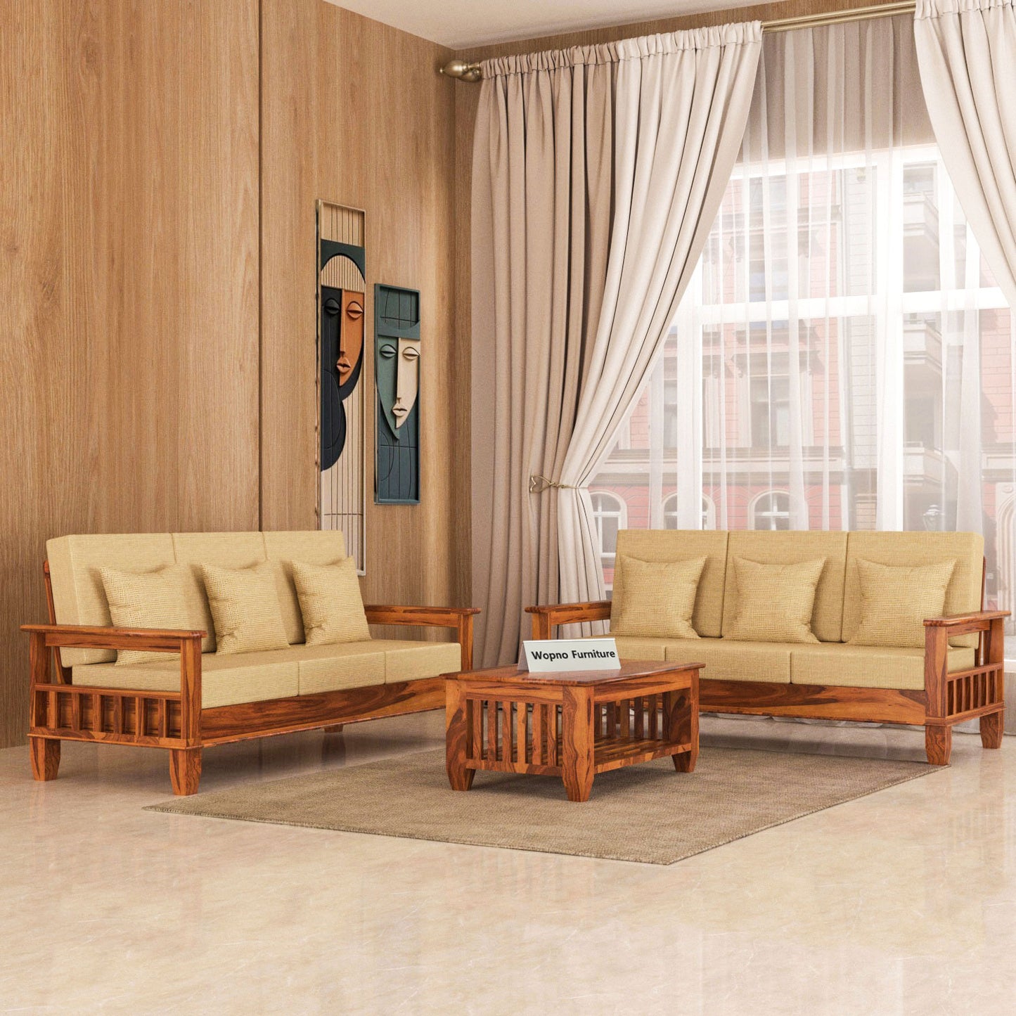 Trivralionel 6  Seater Solid Sheesham Wood Sofa Set 3+3 (Honey Finish)