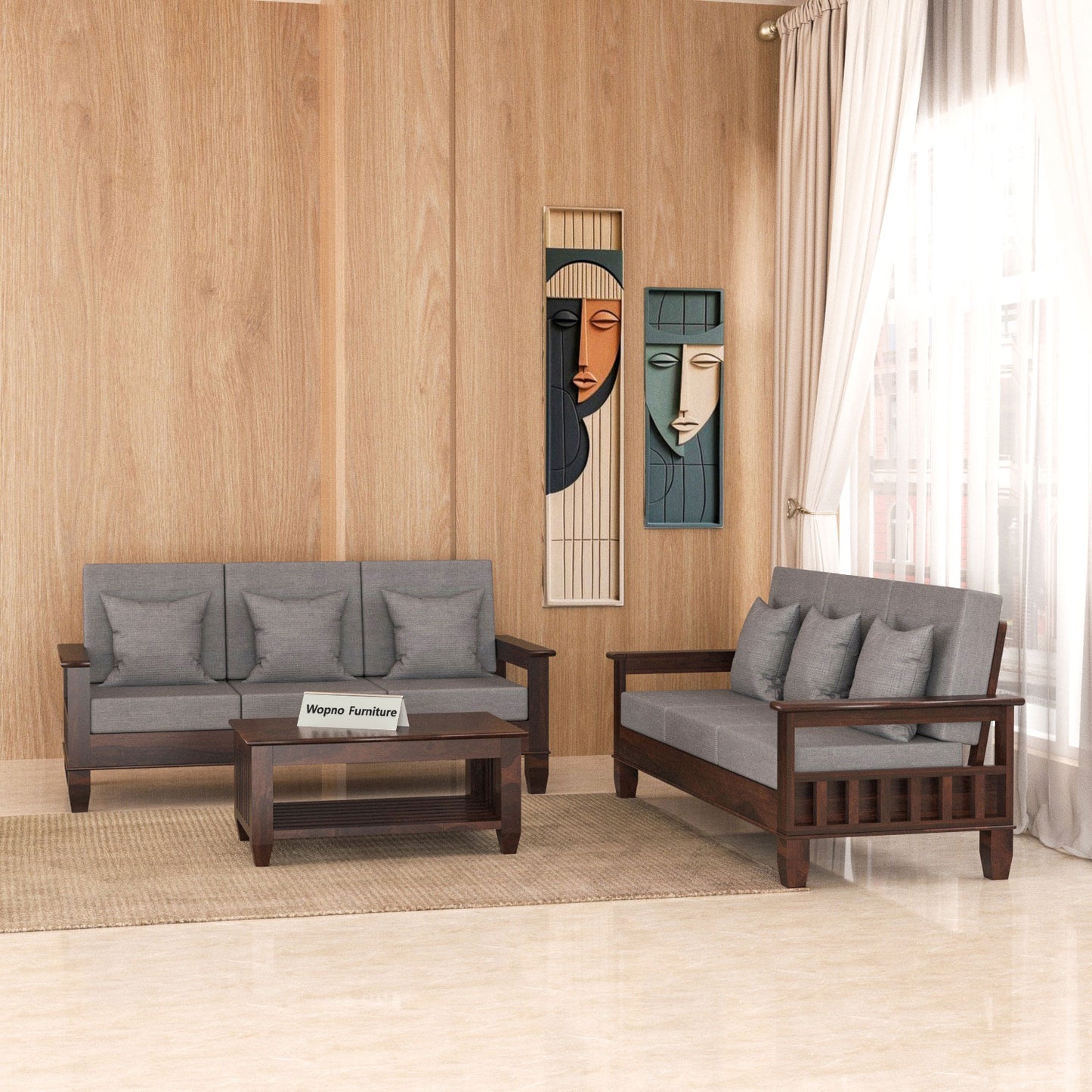 Trivralionel 6  Seater Solid Sheesham Wood Sofa Set 3+3 (Walnut Finish)