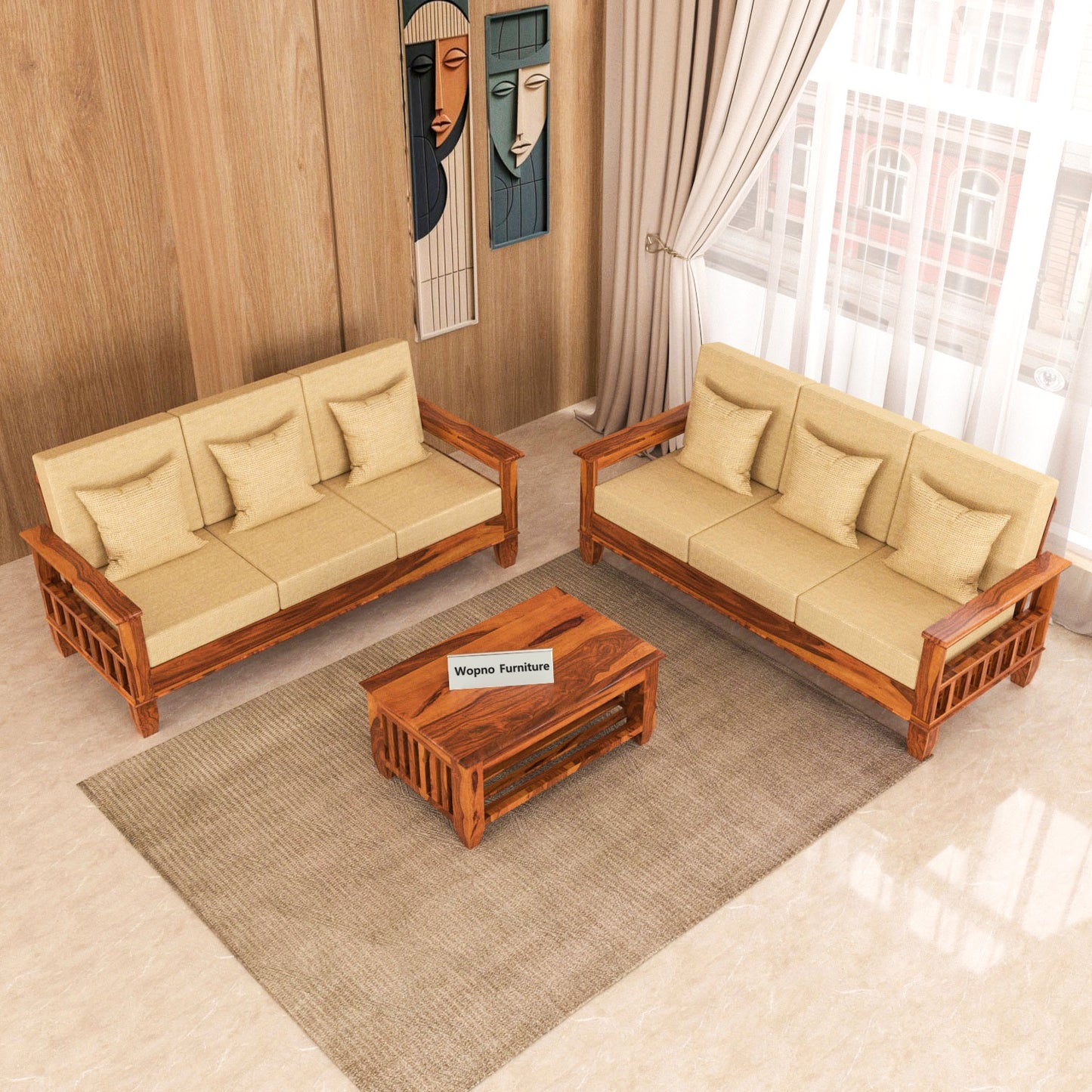 Trivralionel 6  Seater Solid Sheesham Wood Sofa Set 3+3 (Honey Finish)
