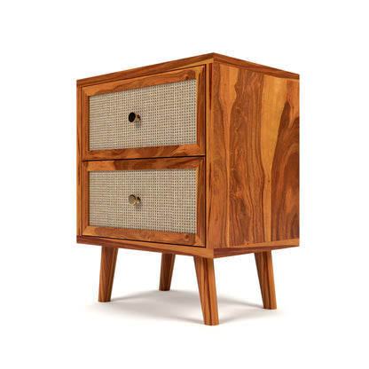 Rattan Cane Solid Sheesham Wood Bedside Table (Natural Finish)