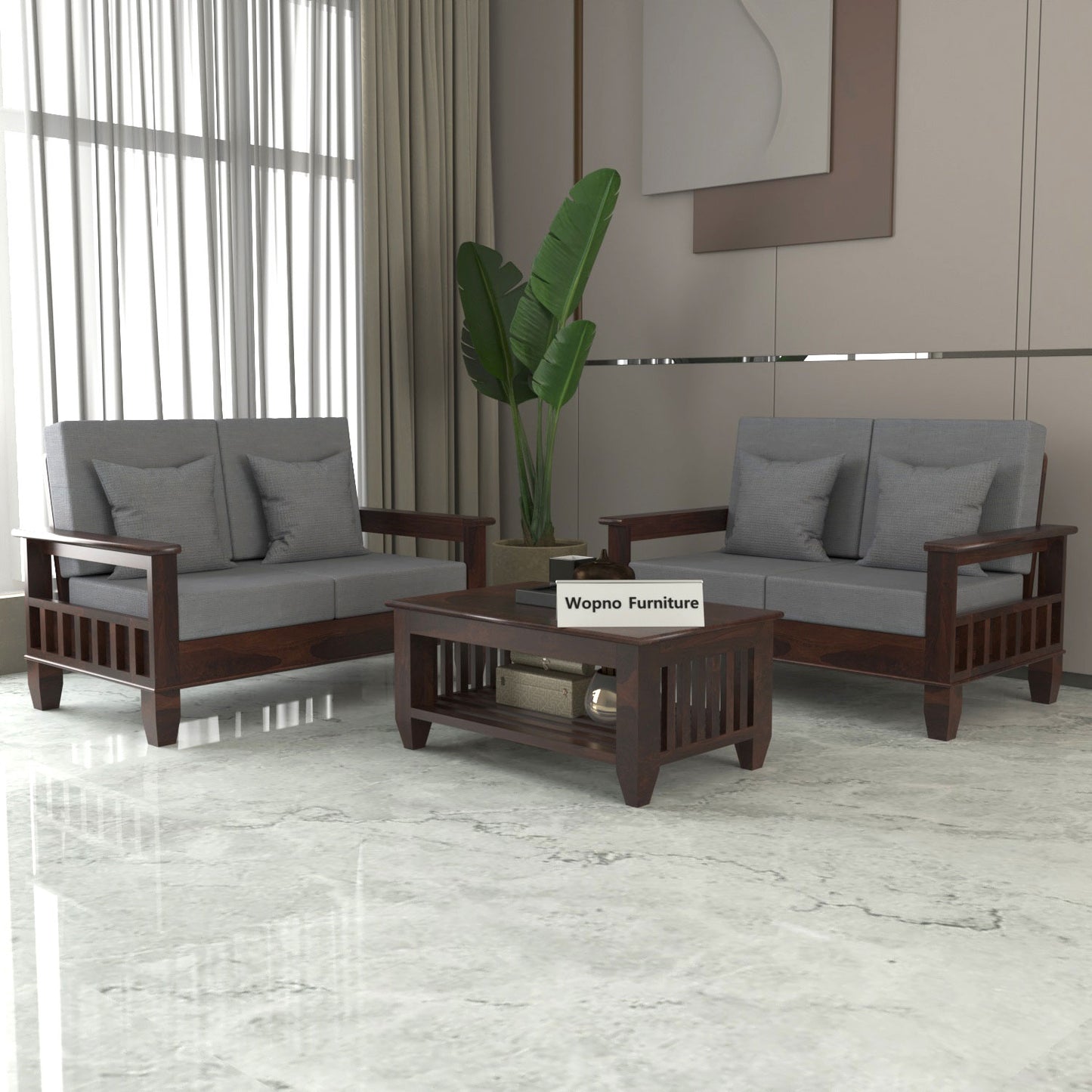 Trivralionel 4 Seater Solid Sheesham Wood Sofa Set (Walnut Finish)