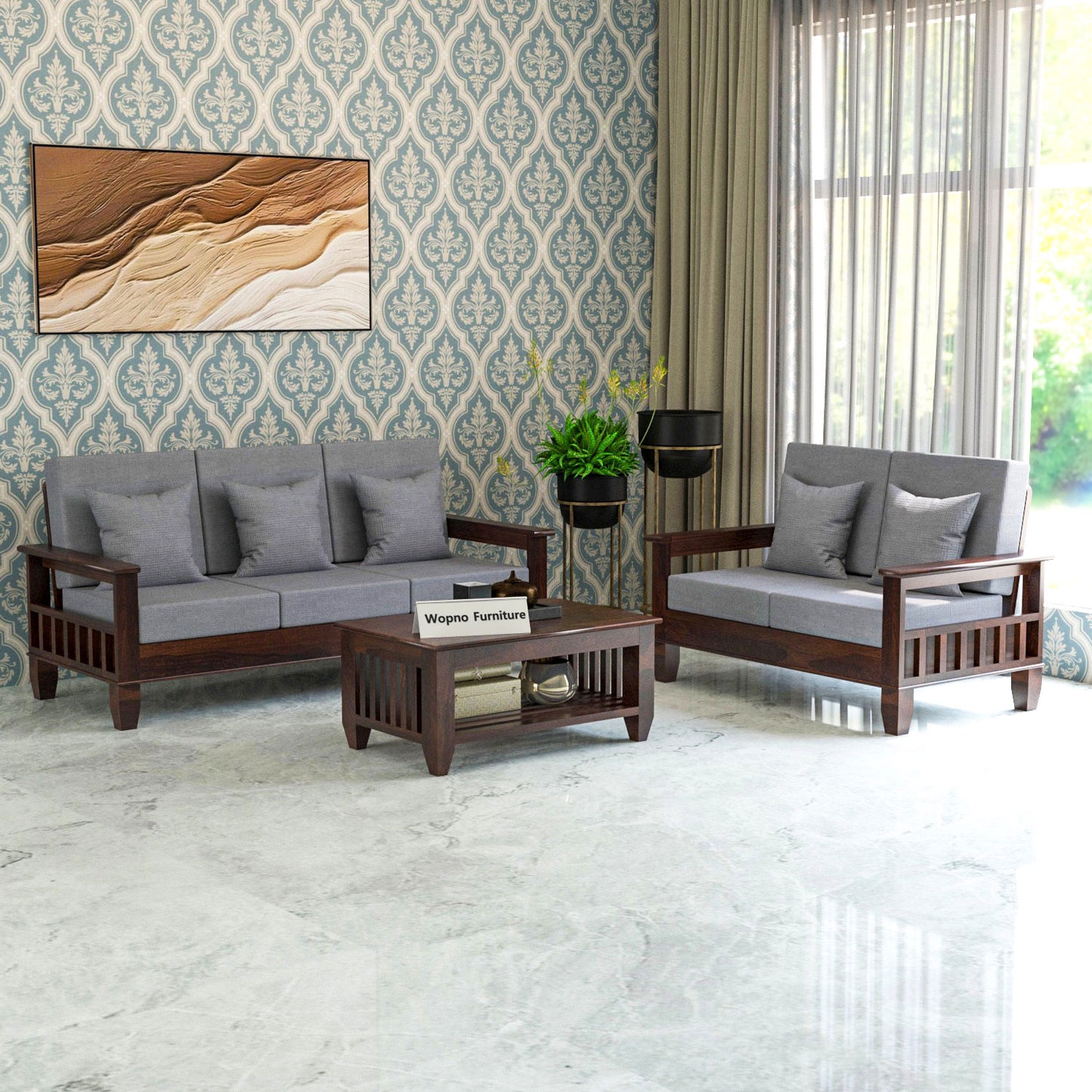Trivralionel 5 Seater Solid Sheesham Wood Sofa Set  3+2 (Walnut Finish)