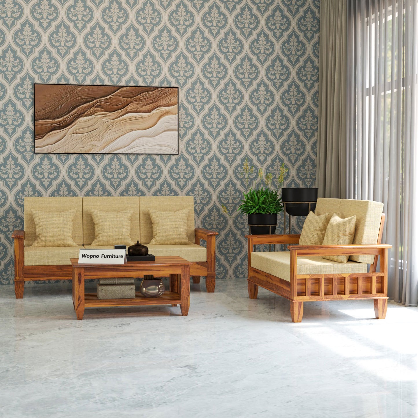 Trivralionel 5 Seater Solid Sheesham Wood Sofa Set  3+2 (Honey Finish)