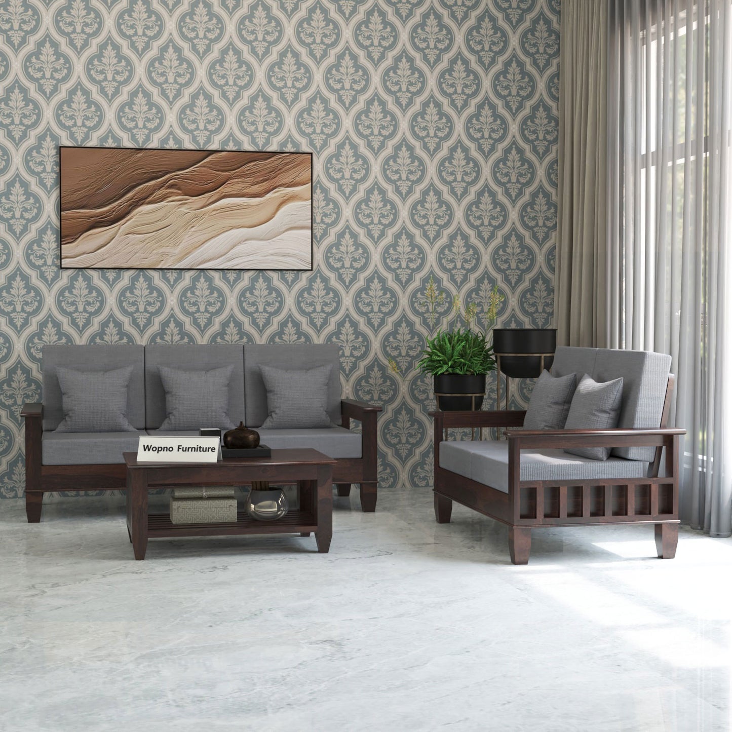 Trivralionel 5 Seater Solid Sheesham Wood Sofa Set  3+2 (Walnut Finish)