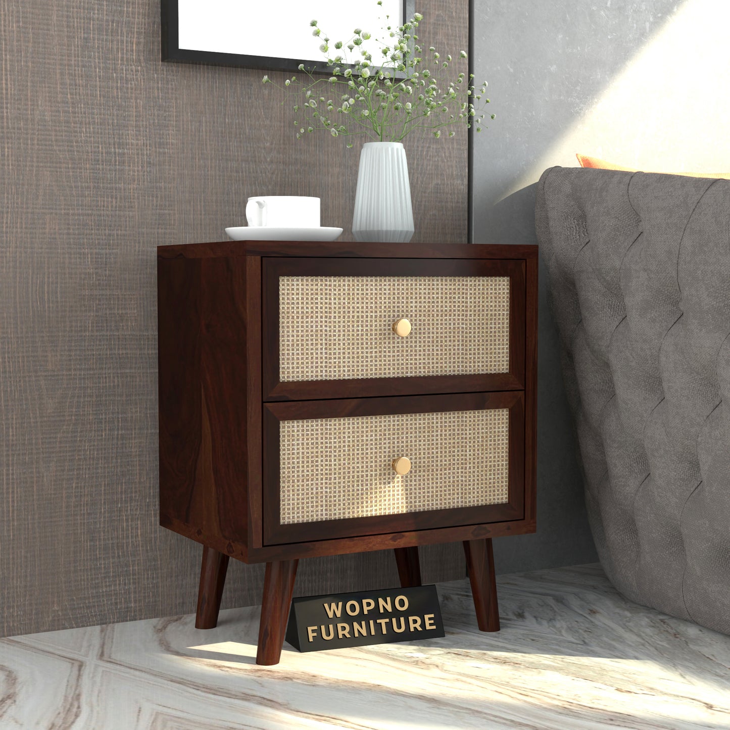 Rattan Cane Solid Sheesham Wood Bedside Table (Walnut Finish)