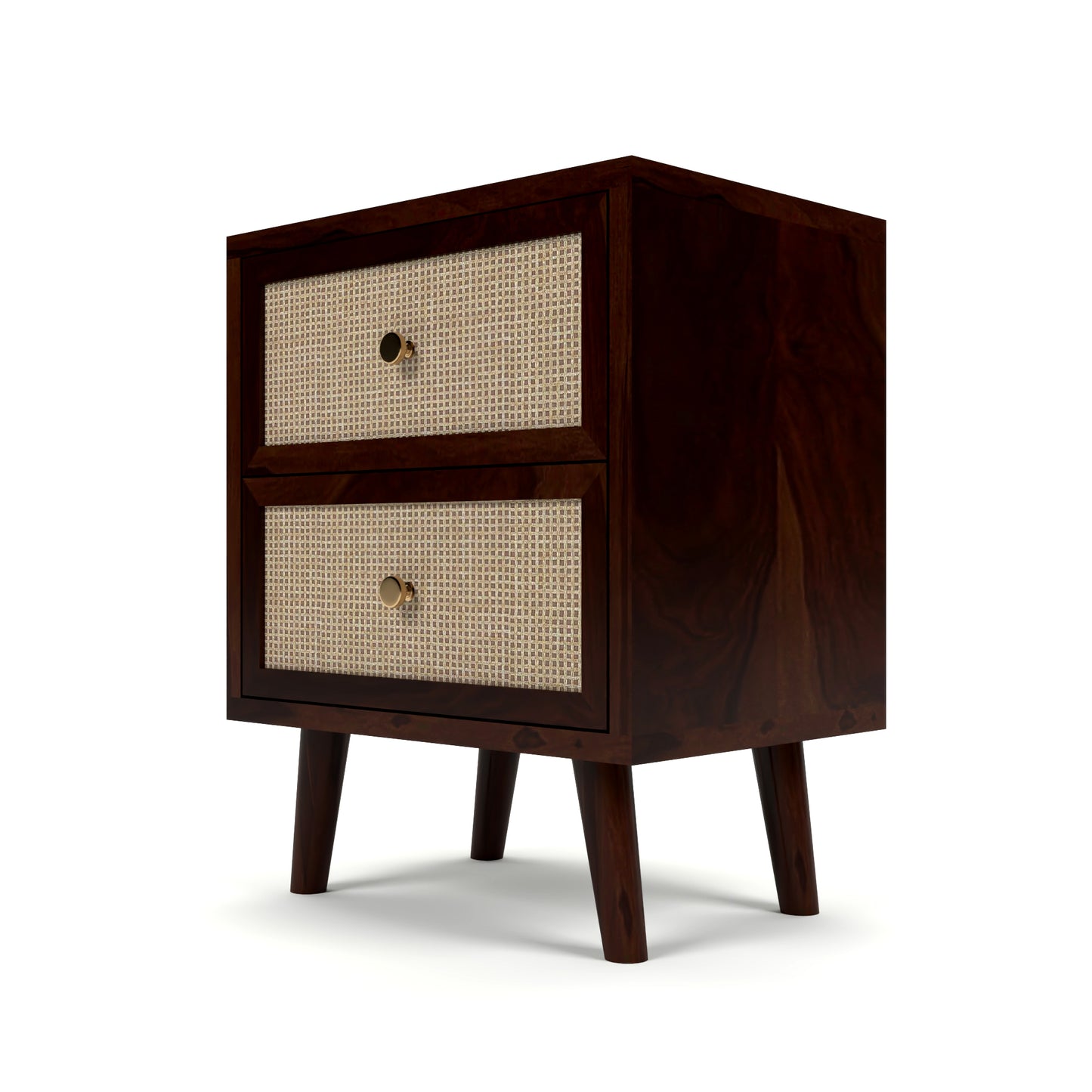 Rattan Cane Solid Sheesham Wood Bedside Table (Walnut Finish)