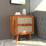 Rattan Cane Solid Sheesham Wood Bedside Table (Natural Finish)