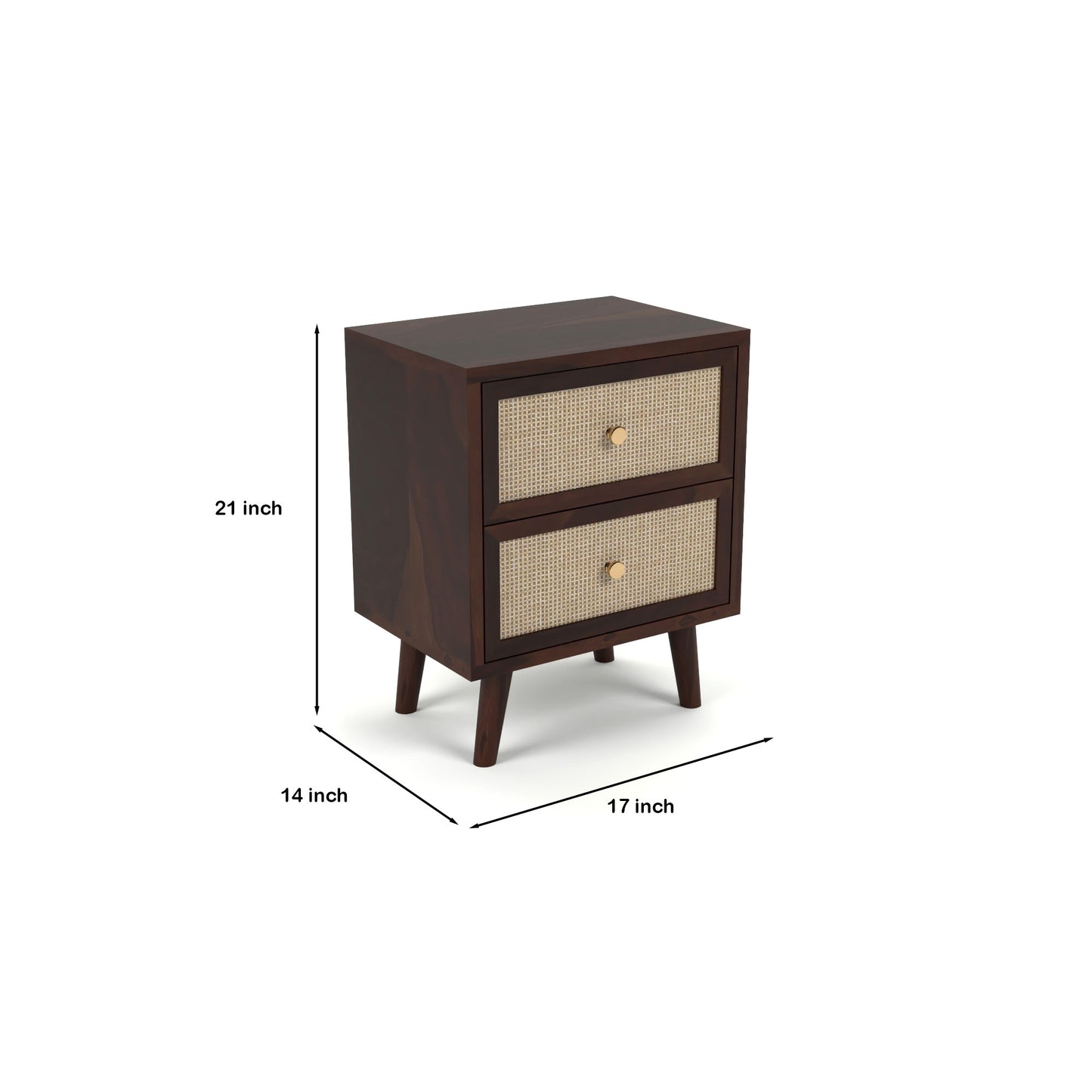 Rattan Cane Solid Sheesham Wood Bedside Table (Walnut Finish)