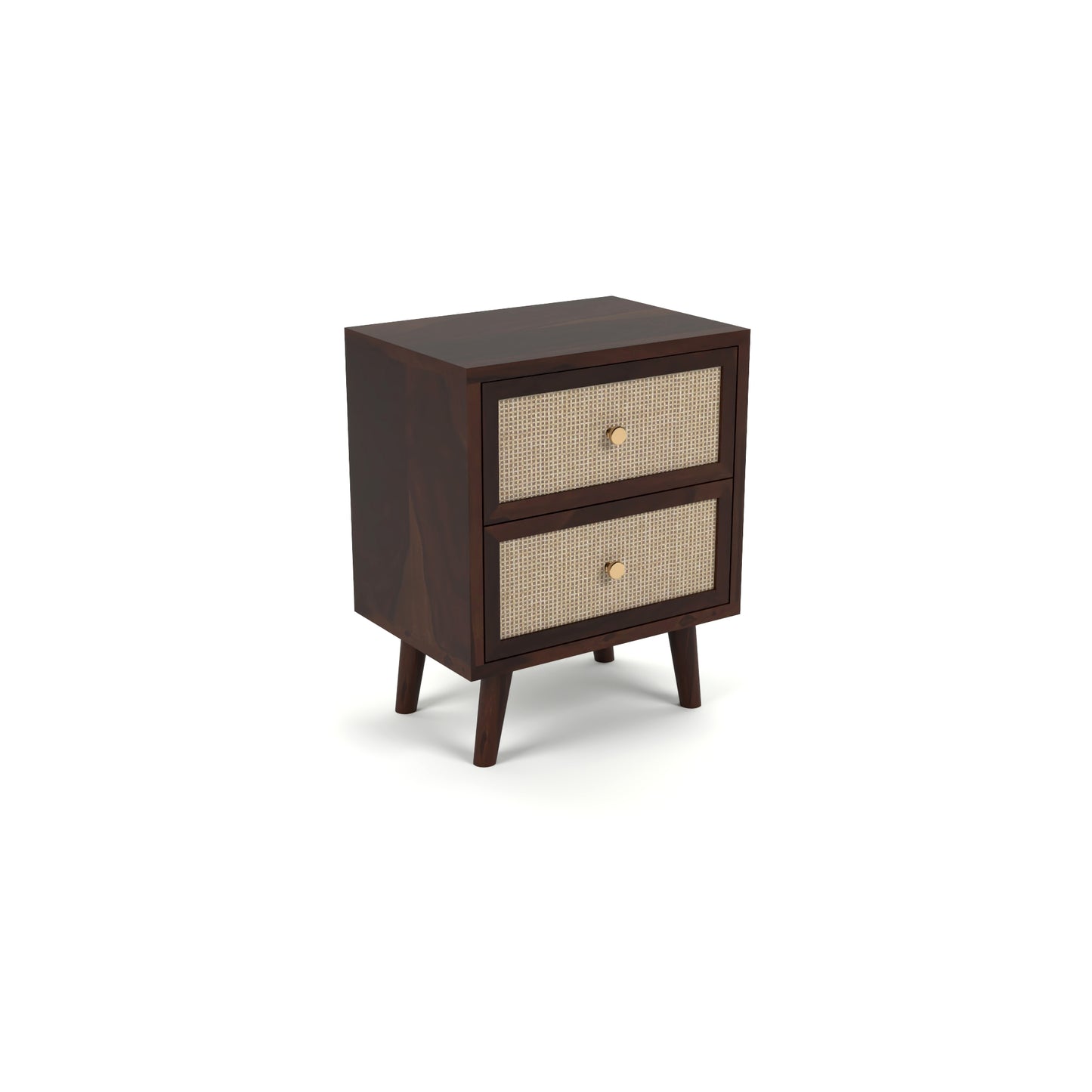Rattan Cane Solid Sheesham Wood Bedside Table (Walnut Finish)