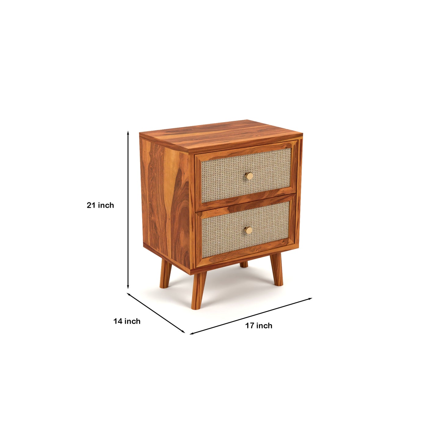 Rattan Cane Solid Sheesham Wood Bedside Table (Natural Finish)