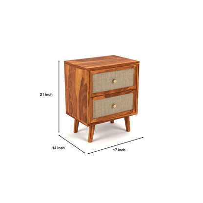 Rattan Cane Solid Sheesham Wood Bedside Table (Natural Finish)